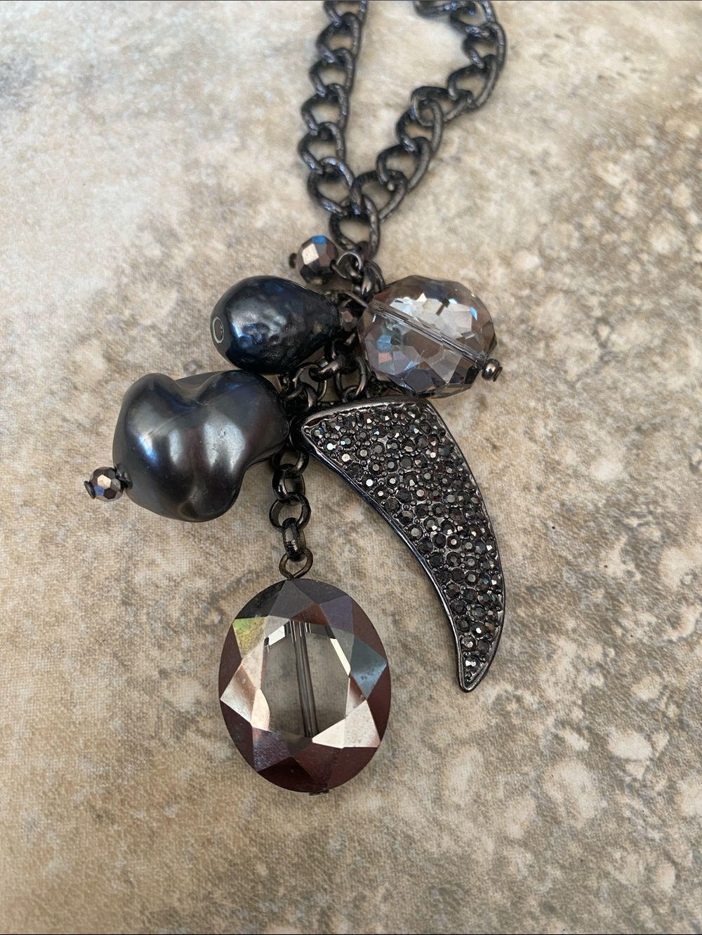 Chico's Gunmetal Black and Smoky Crystal marcasite Charm Necklace